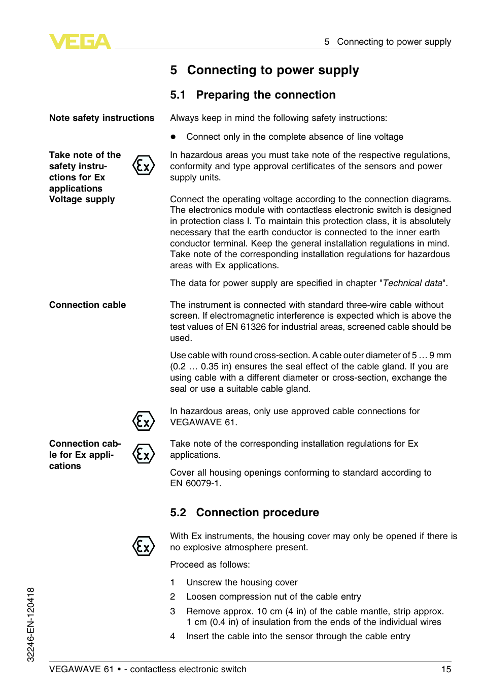 5 connecting to power supply, 1 preparing the connection, 2 connection procedure | 5connecting to power supply | VEGA VEGAWAVE 61 - contactless electronic switch User Manual | Page 15 / 36