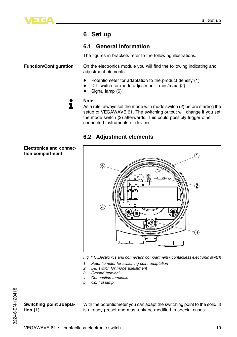 6 set up, 1 general information, 2 adjustment elements | 6set up | VEGA VEGAWAVE 61 - contactless electronic switch User Manual | Page 19 / 36