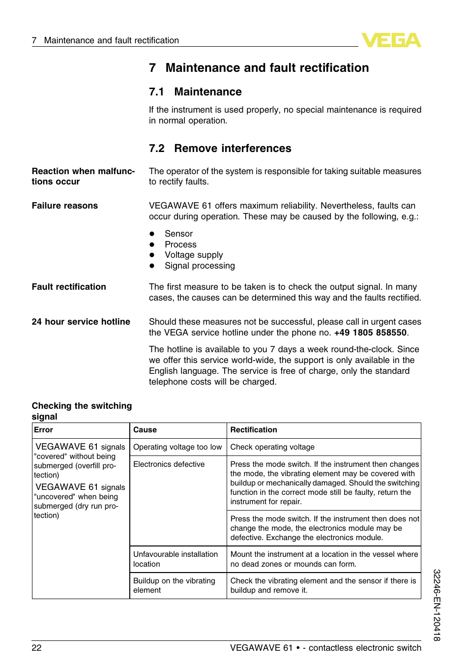 7 maintenance and fault rectification, 1 maintenance, 2 remove interferences | 7maintenance and fault rectiﬁcation | VEGA VEGAWAVE 61 - contactless electronic switch User Manual | Page 22 / 36