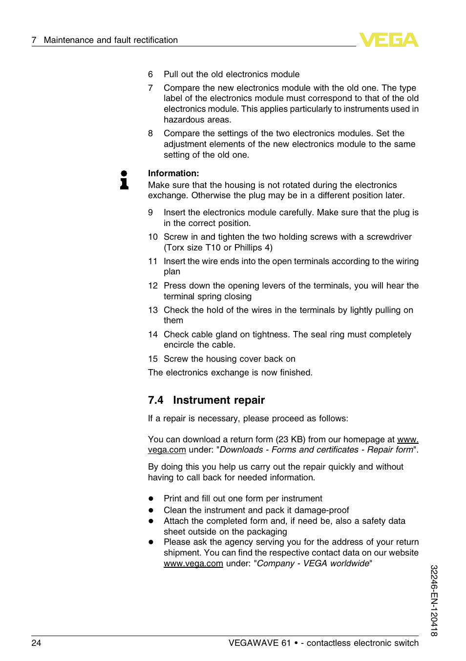 4 instrument repair | VEGA VEGAWAVE 61 - contactless electronic switch User Manual | Page 24 / 36