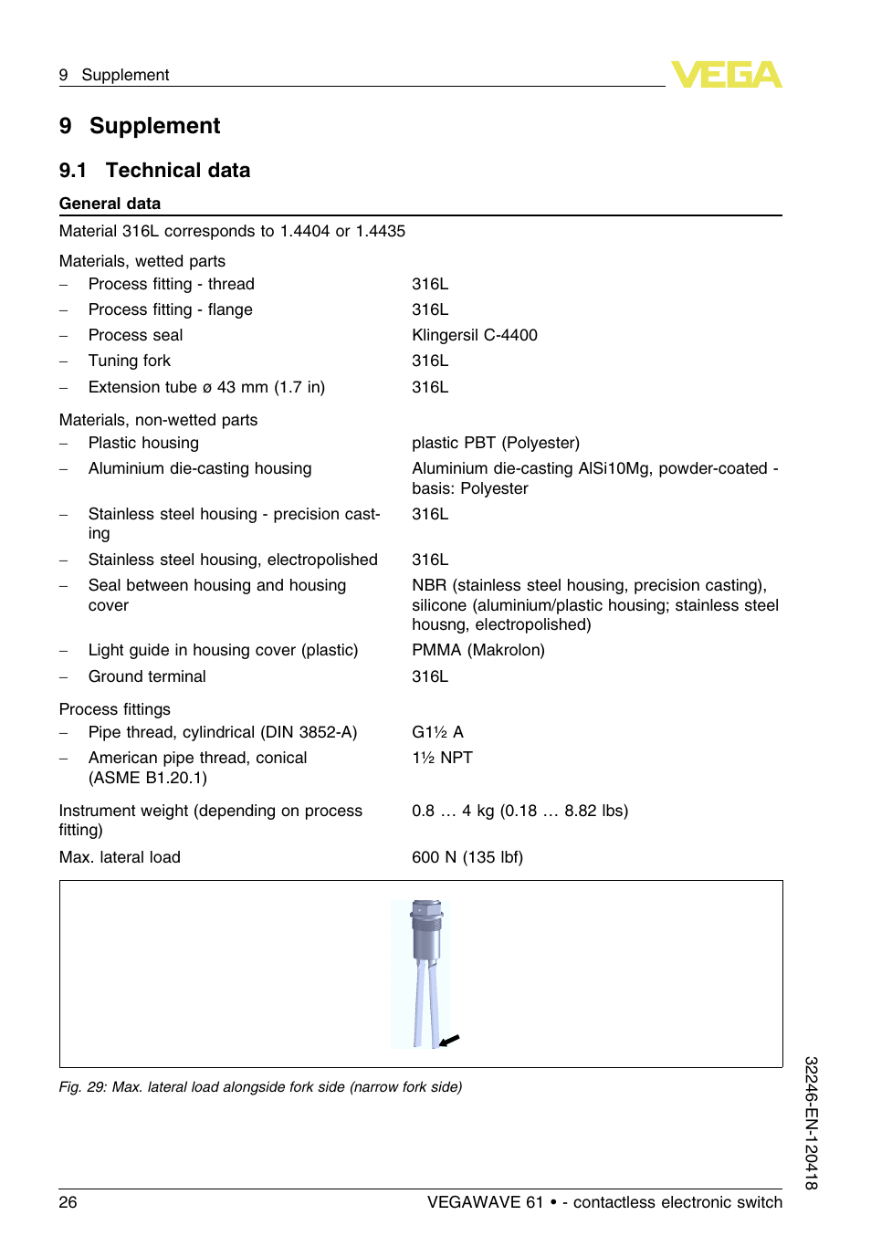 9 supplement, 1 technical data, 9supplement | VEGA VEGAWAVE 61 - contactless electronic switch User Manual | Page 26 / 36