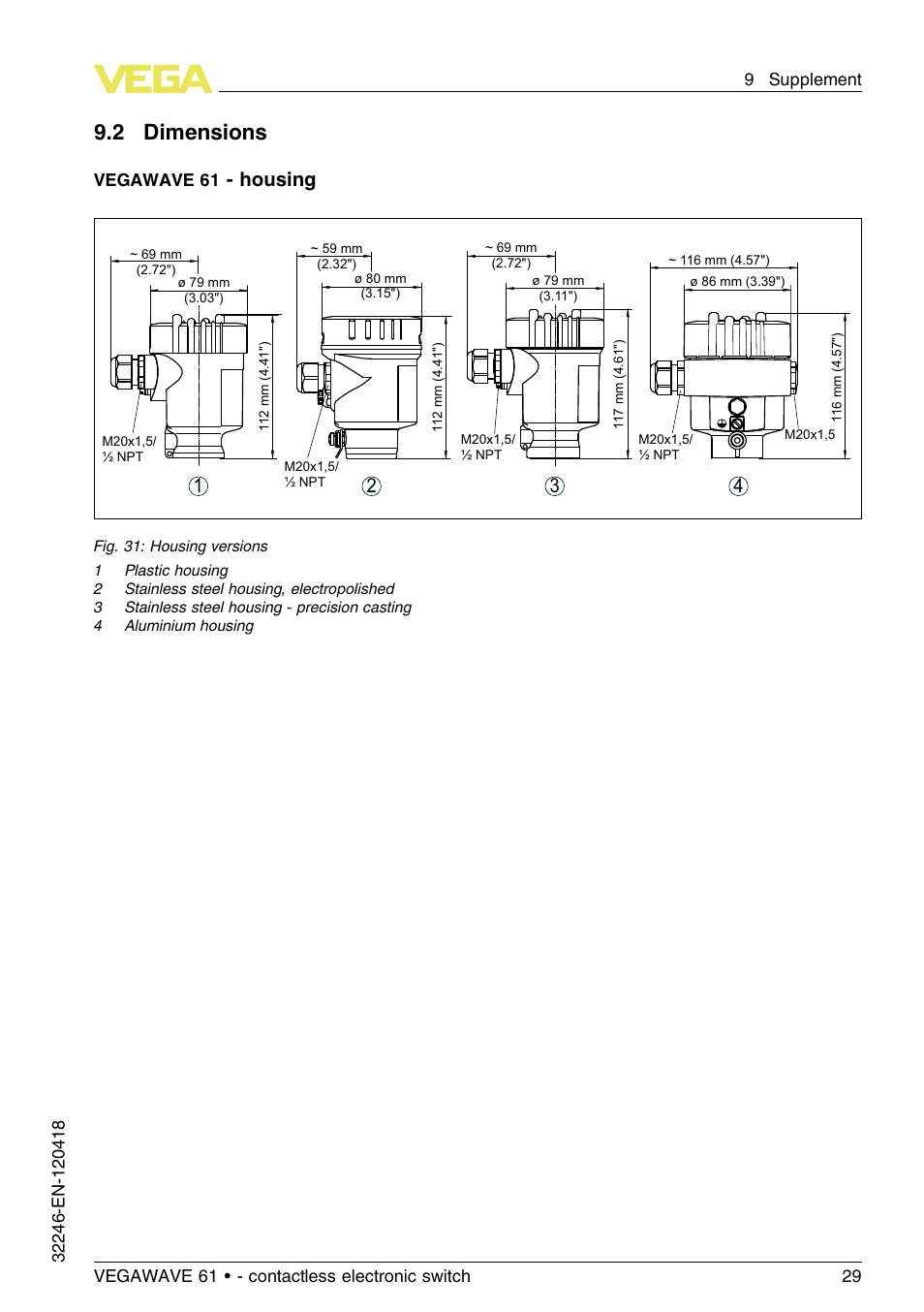 2 dimensions, Housing 3 2 1 4, Vegawave 61 | VEGA VEGAWAVE 61 - contactless electronic switch User Manual | Page 29 / 36