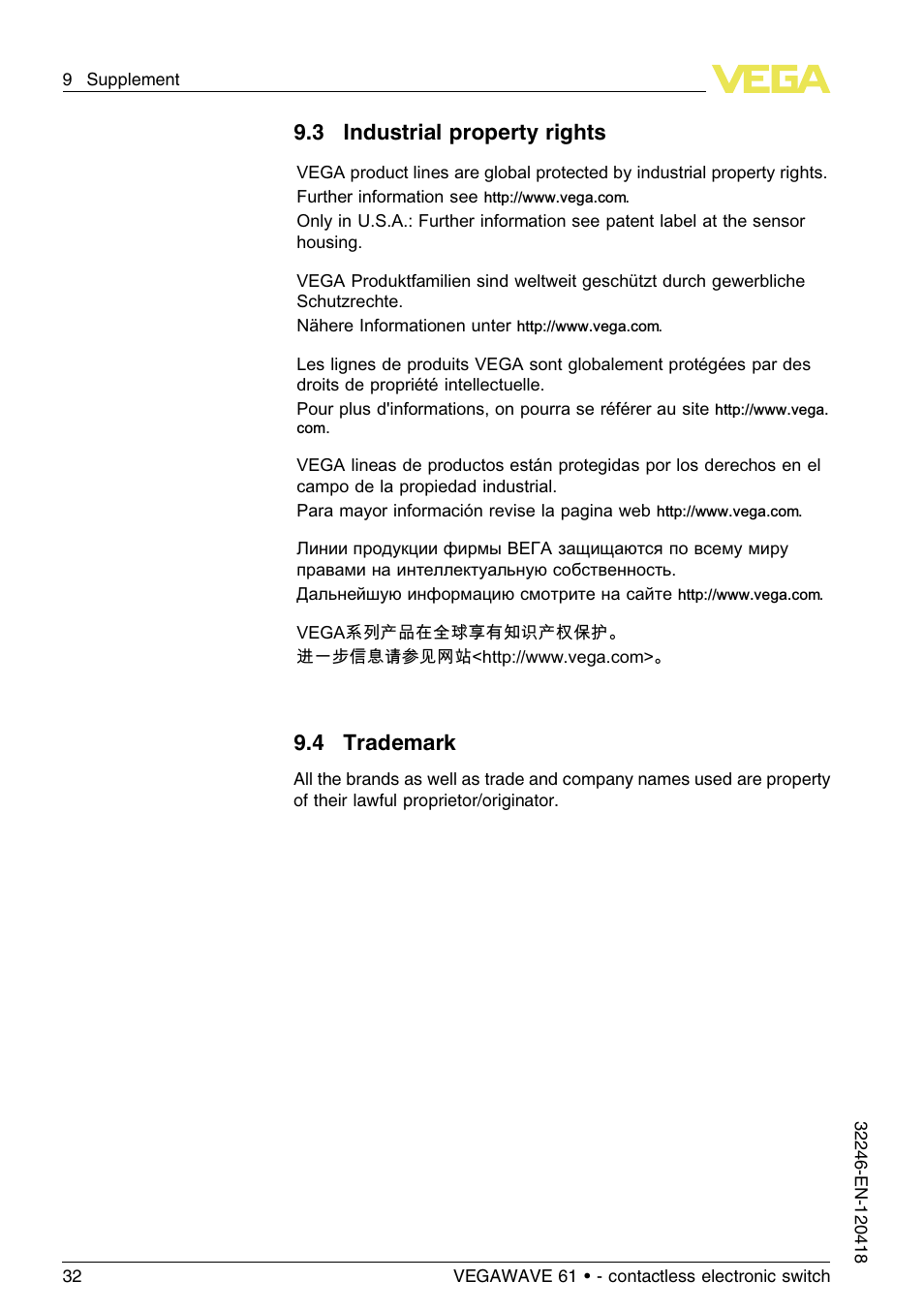 3 industrial property rights, 4 trademark | VEGA VEGAWAVE 61 - contactless electronic switch User Manual | Page 32 / 36