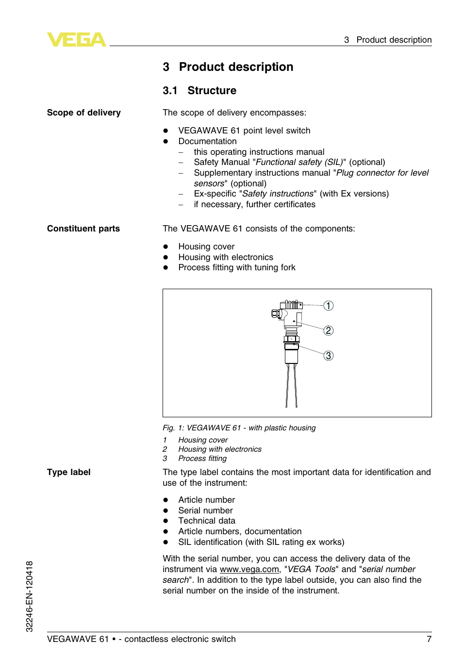 3 product description, 1 structure, 3product description | VEGA VEGAWAVE 61 - contactless electronic switch User Manual | Page 7 / 36