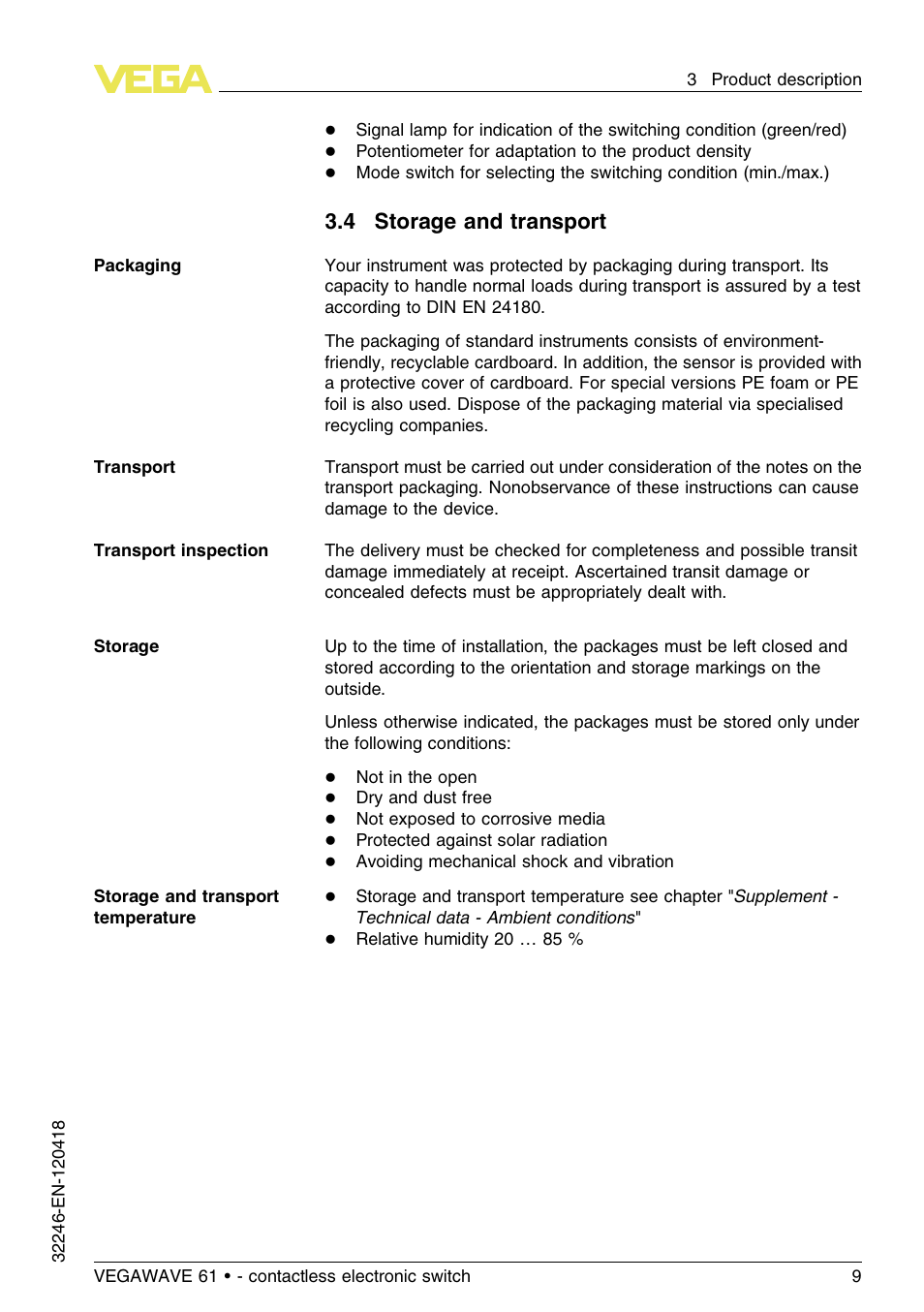 4 storage and transport | VEGA VEGAWAVE 61 - contactless electronic switch User Manual | Page 9 / 36