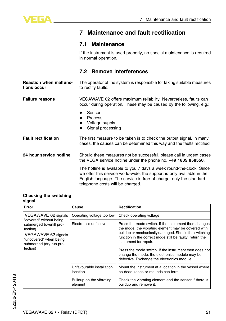 7 maintenance and fault rectification, 1 maintenance, 2 remove interferences | 7maintenance and fault rectiﬁcation | VEGA VEGAWAVE 62 - Relay (DPDT) User Manual | Page 21 / 32