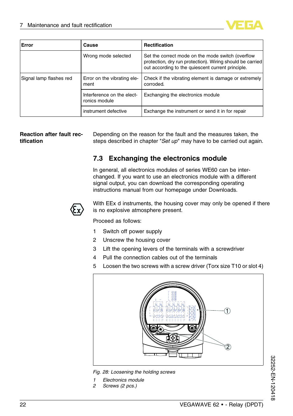 3 exchanging the electronics module | VEGA VEGAWAVE 62 - Relay (DPDT) User Manual | Page 22 / 32