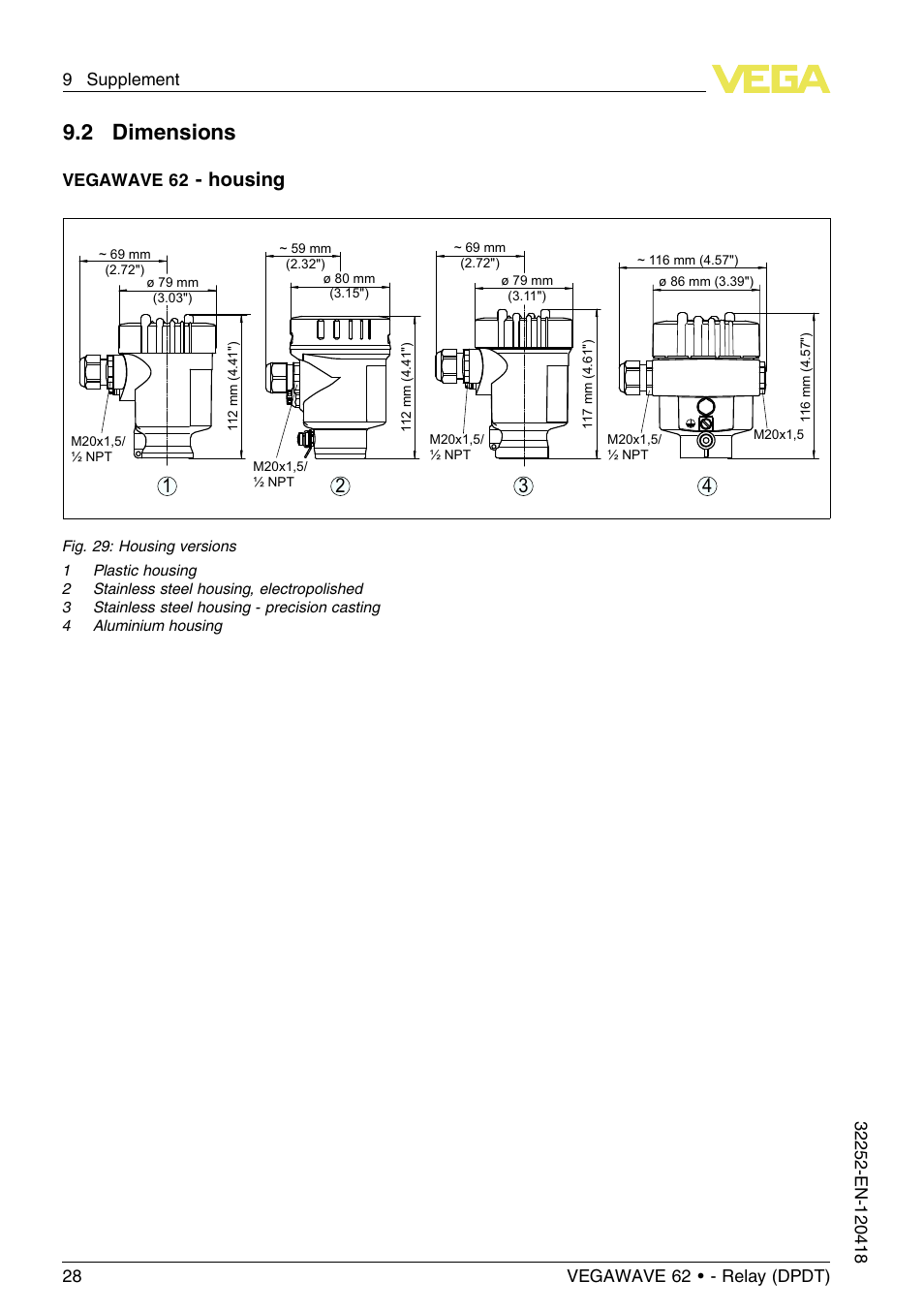 2 dimensions, Housing 3 2 1 4, Vegawave 62 | VEGA VEGAWAVE 62 - Relay (DPDT) User Manual | Page 28 / 32