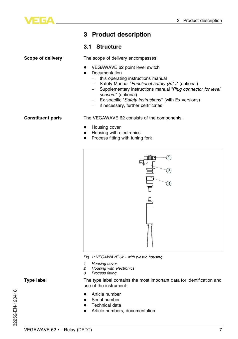 3 product description, 1 structure, 3product description | VEGA VEGAWAVE 62 - Relay (DPDT) User Manual | Page 7 / 32