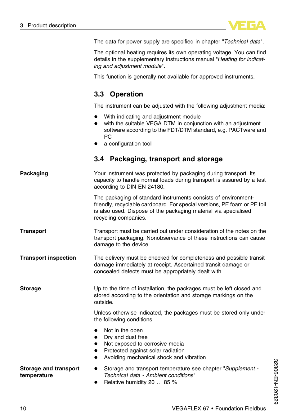 3 operation, 4 packaging, transport and storage | VEGA VEGAFLEX 67 (-40…+150°C PFA insulated) Foundation Fieldbus User Manual | Page 10 / 60