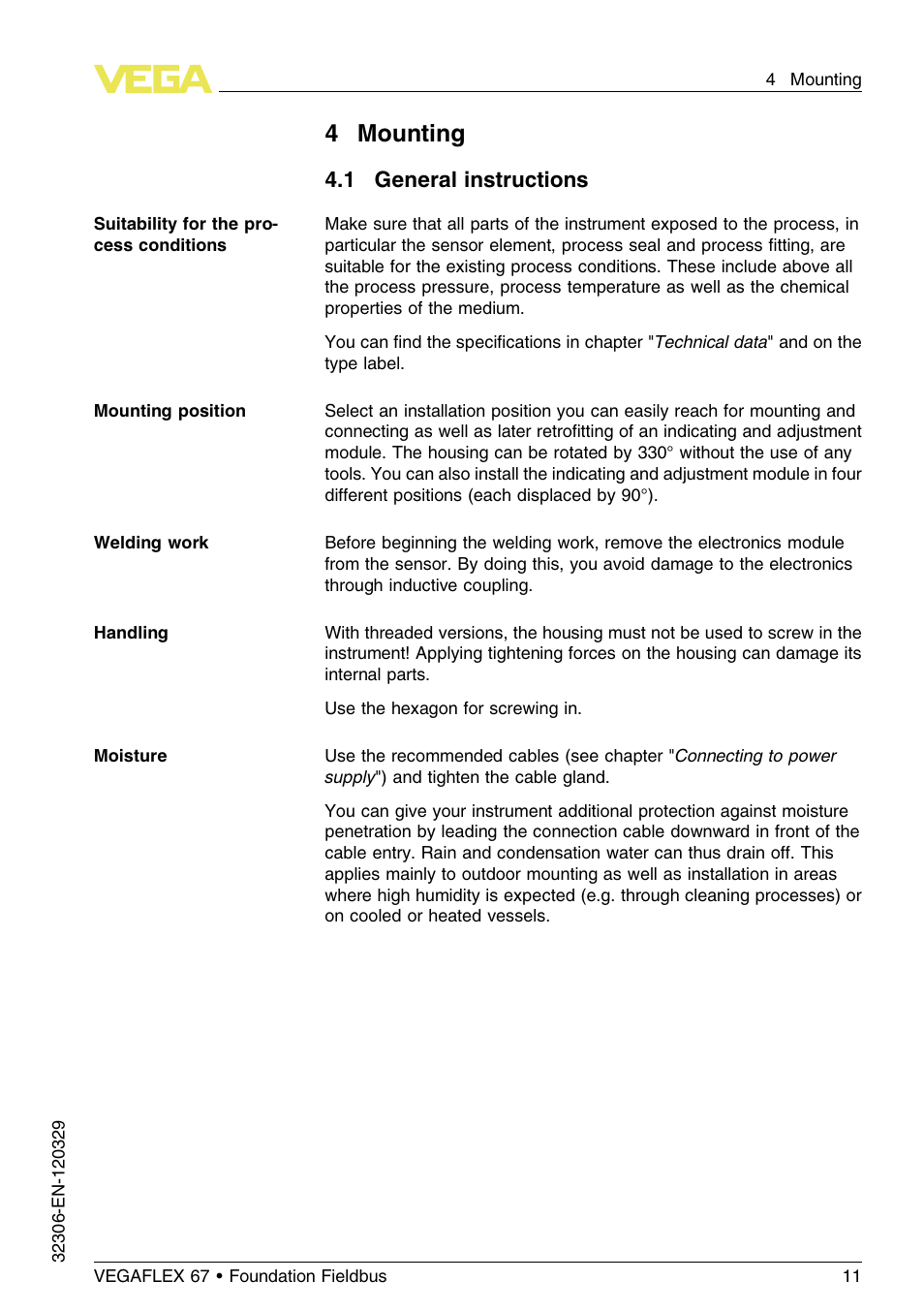 4 mounting, 1 general instructions, 4mounting | VEGA VEGAFLEX 67 (-40…+150°C PFA insulated) Foundation Fieldbus User Manual | Page 11 / 60