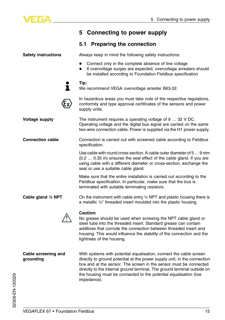 5 connecting to power supply, 1 preparing the connection, 5connecting to power supply | VEGA VEGAFLEX 67 (-40…+150°C PFA insulated) Foundation Fieldbus User Manual | Page 15 / 60