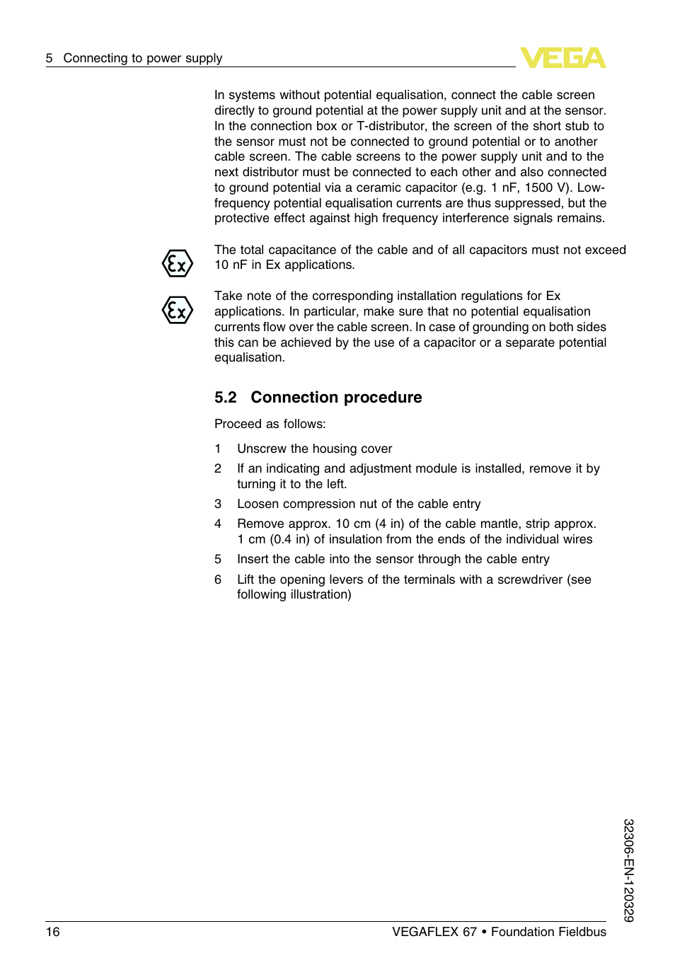 2 connection procedure | VEGA VEGAFLEX 67 (-40…+150°C PFA insulated) Foundation Fieldbus User Manual | Page 16 / 60
