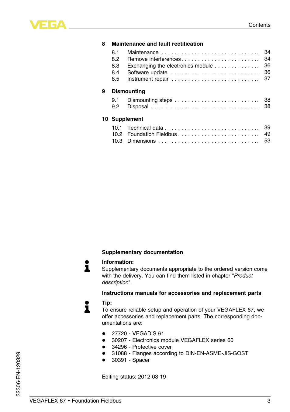 VEGA VEGAFLEX 67 (-40…+150°C PFA insulated) Foundation Fieldbus User Manual | Page 3 / 60