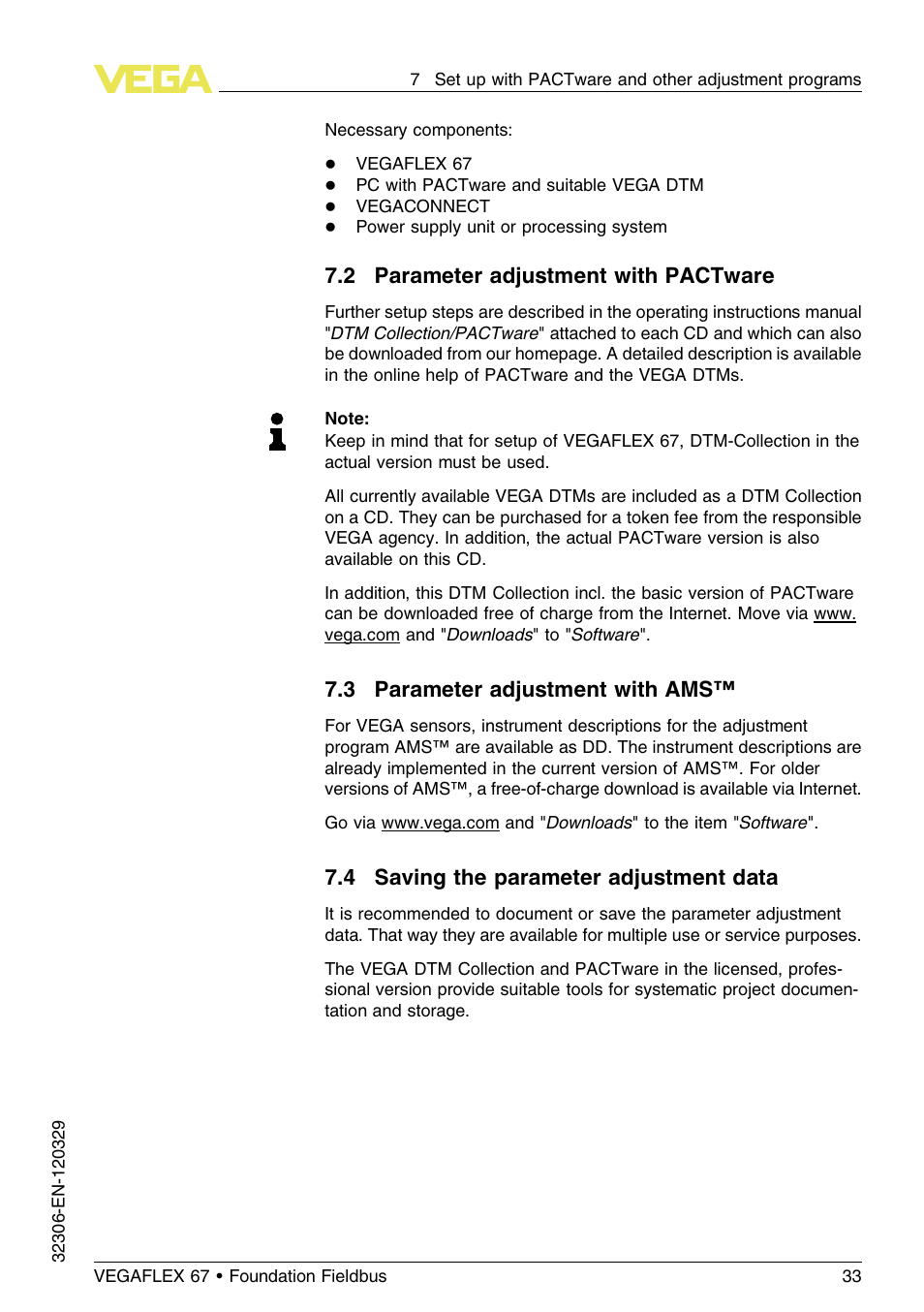 2 parameter adjustment with pactware, 3 parameter adjustment with ams, 4 saving the parameter adjustment data | VEGA VEGAFLEX 67 (-40…+150°C PFA insulated) Foundation Fieldbus User Manual | Page 33 / 60