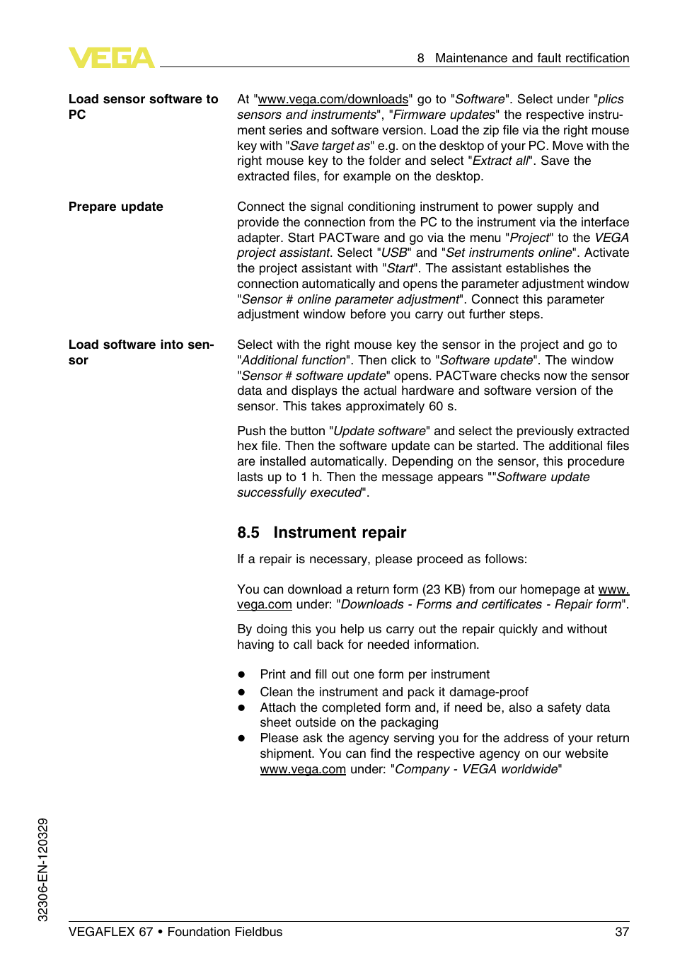 5 instrument repair | VEGA VEGAFLEX 67 (-40…+150°C PFA insulated) Foundation Fieldbus User Manual | Page 37 / 60