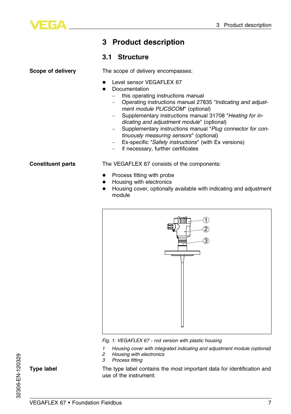 3 product description, 1 structure, 3product description | VEGA VEGAFLEX 67 (-40…+150°C PFA insulated) Foundation Fieldbus User Manual | Page 7 / 60