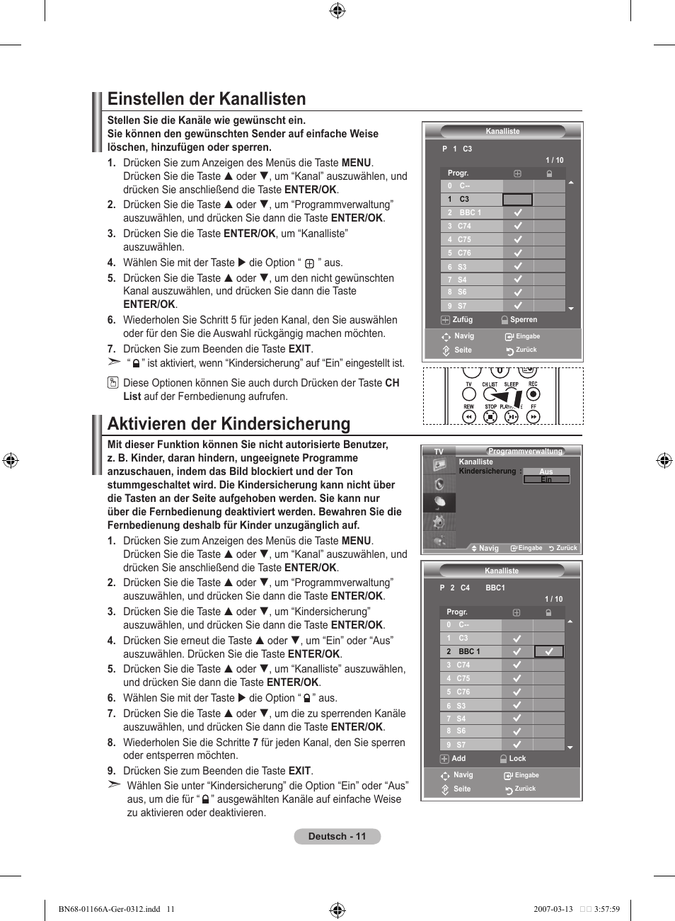 Einstellen der kanallisten, Aktivieren der kindersicherung | Samsung LE32R8 User Manual | Page 105 / 559