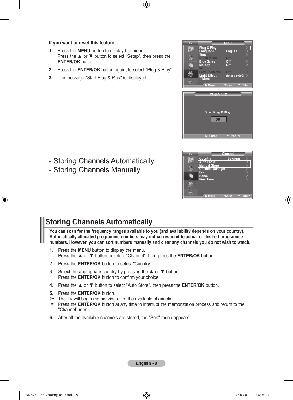 Setting the channels, Storing channels automatically | Samsung LE32R8 User Manual | Page 11 / 559