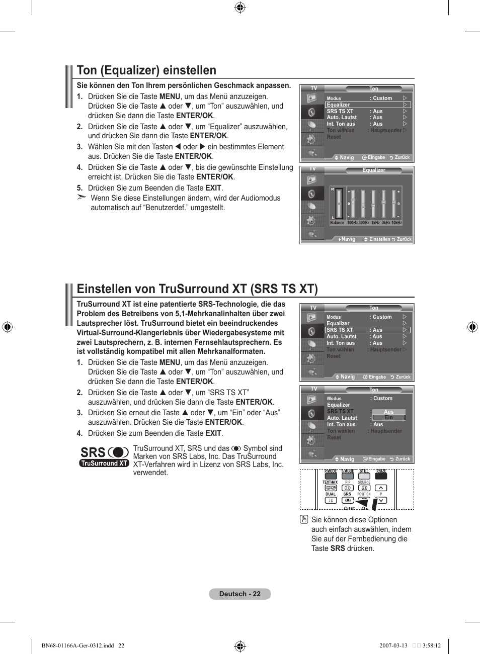 Ton (equalizer) einstellen, Einstellen von trusurround xt (srs ts xt) | Samsung LE32R8 User Manual | Page 116 / 559