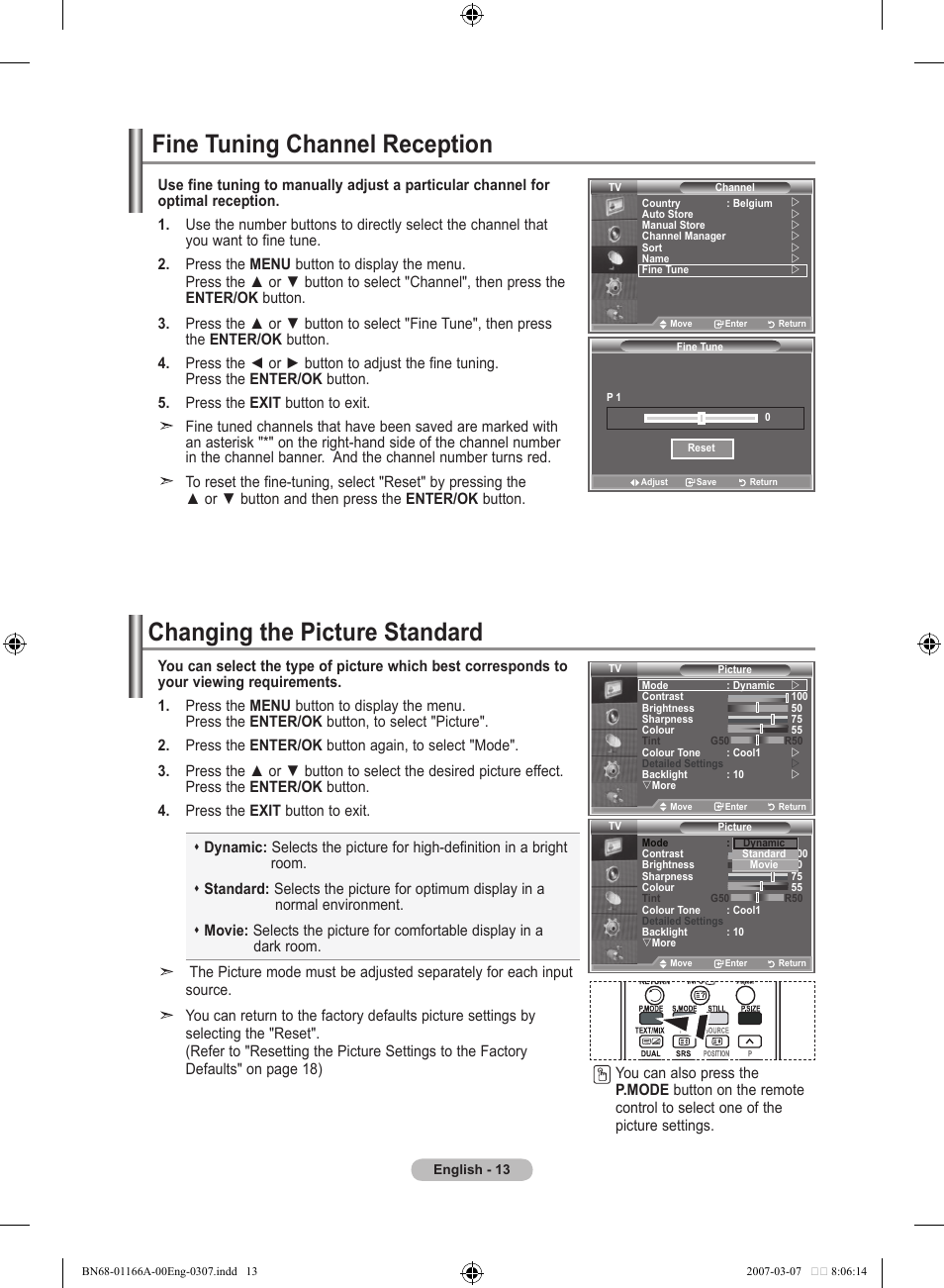 Fine tuning channel reception, Setting the picture, Changing the picture standard | Samsung LE32R8 User Manual | Page 15 / 559
