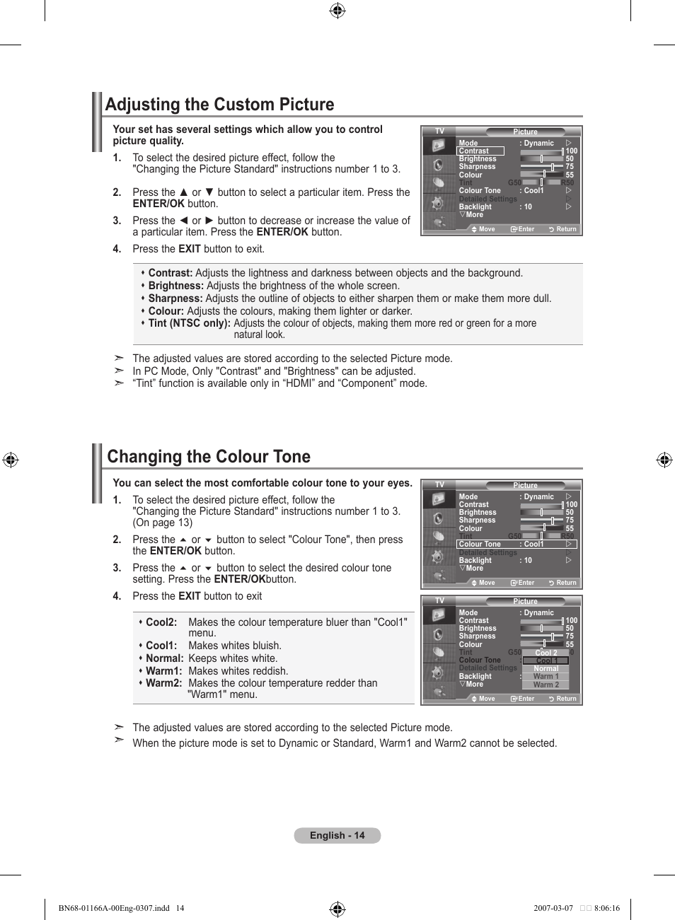 Adjusting the custom picture, Changing the colour tone | Samsung LE32R8 User Manual | Page 16 / 559