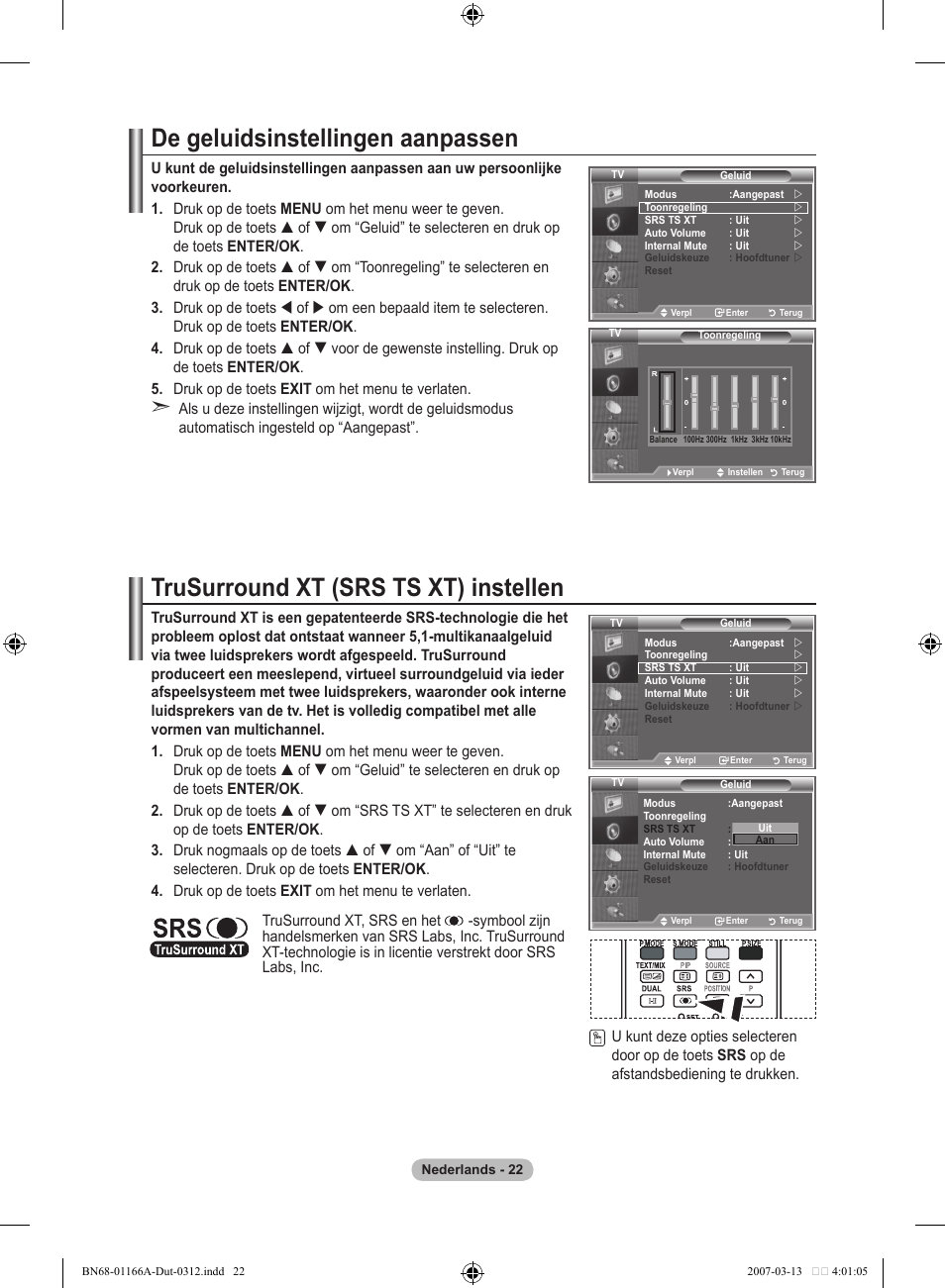 De geluidsinstellingen aanpassen, Trusurround xt (srs ts xt) instellen | Samsung LE32R8 User Manual | Page 162 / 559