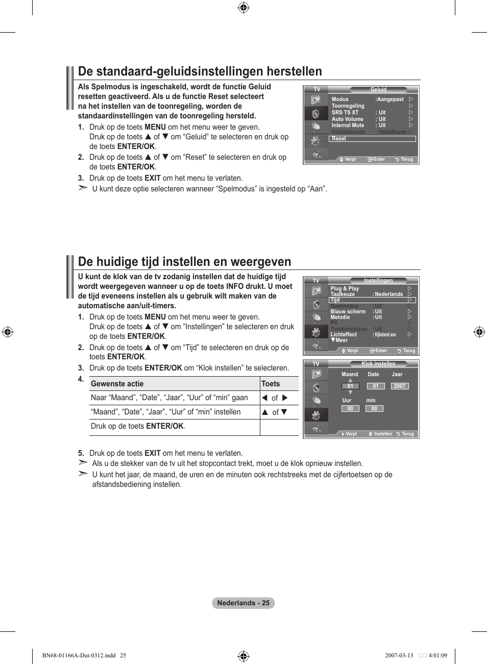 De standaard-geluidsinstellingen herstellen, De huidige tijd instellen en weergeven | Samsung LE32R8 User Manual | Page 165 / 559