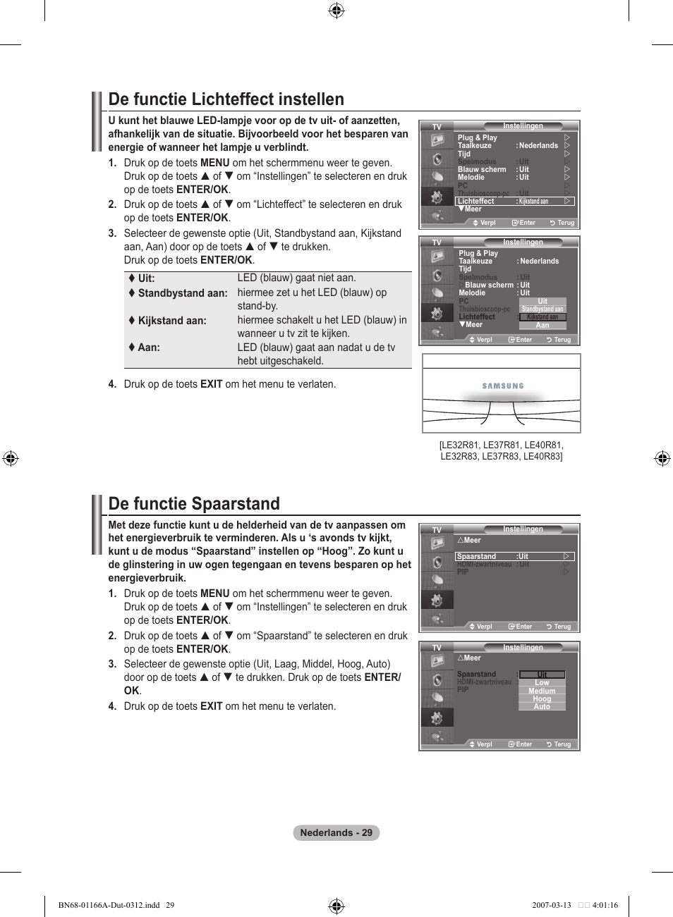 De functie lichteffect instellen, De functie spaarstand | Samsung LE32R8 User Manual | Page 169 / 559