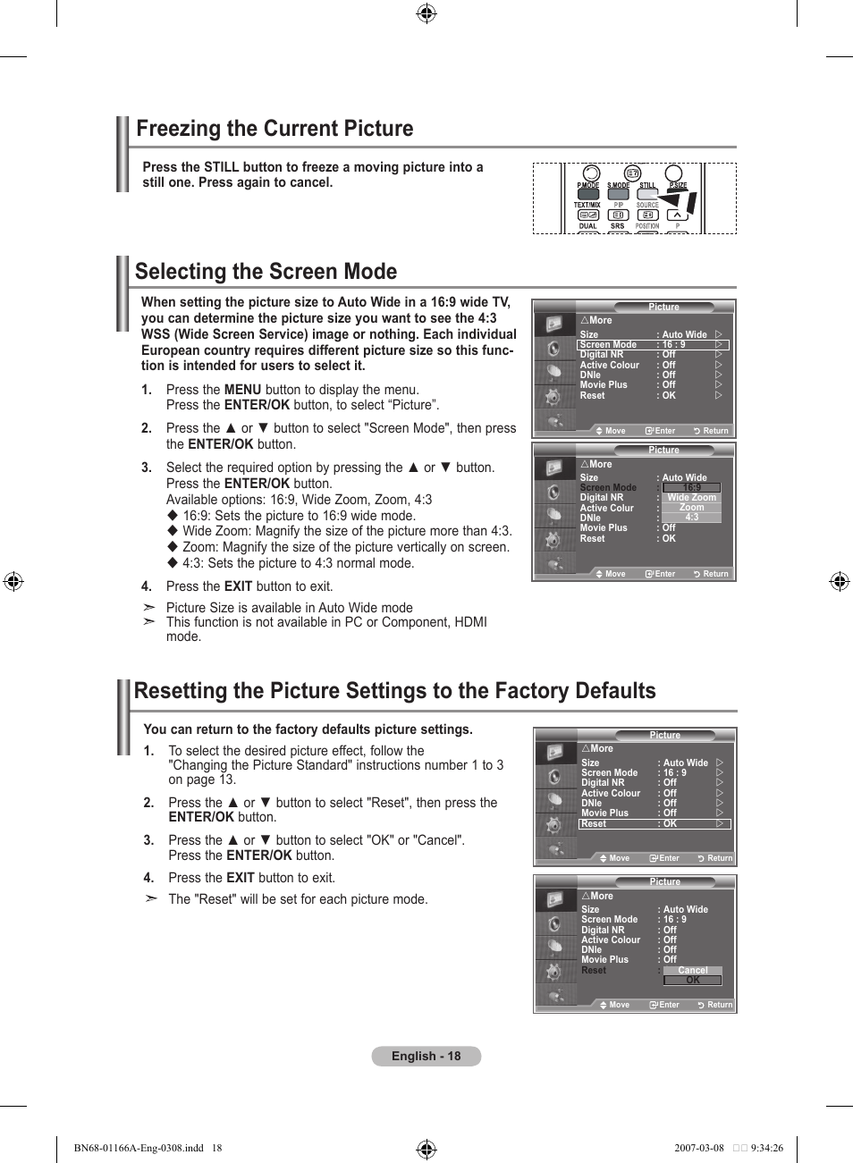 Freezing the current picture, Selecting the screen mode | Samsung LE32R8 User Manual | Page 20 / 559