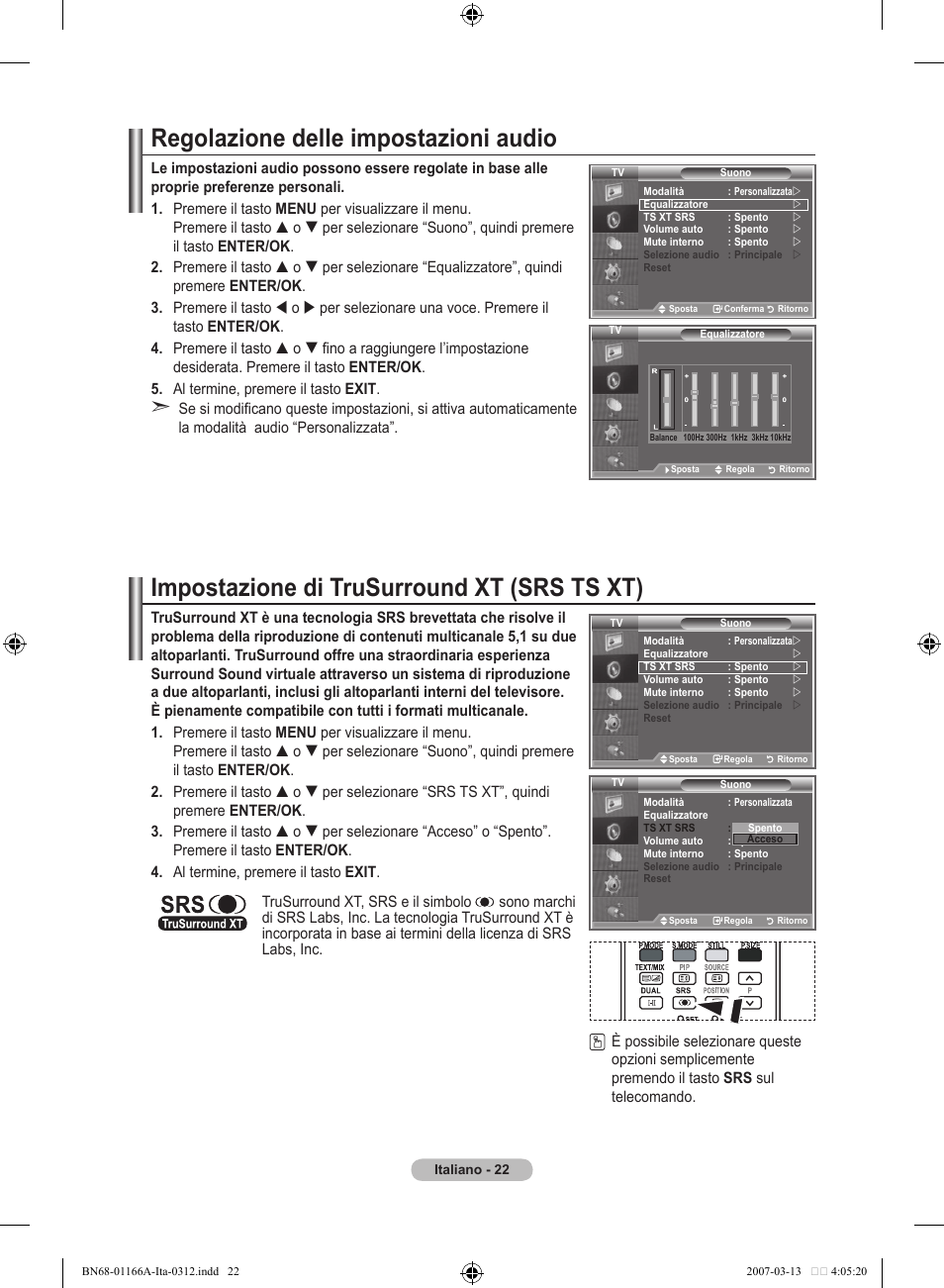 Regolazione delle impostazioni audio, Impostazione di trusurround xt (srs ts xt) | Samsung LE32R8 User Manual | Page 208 / 559