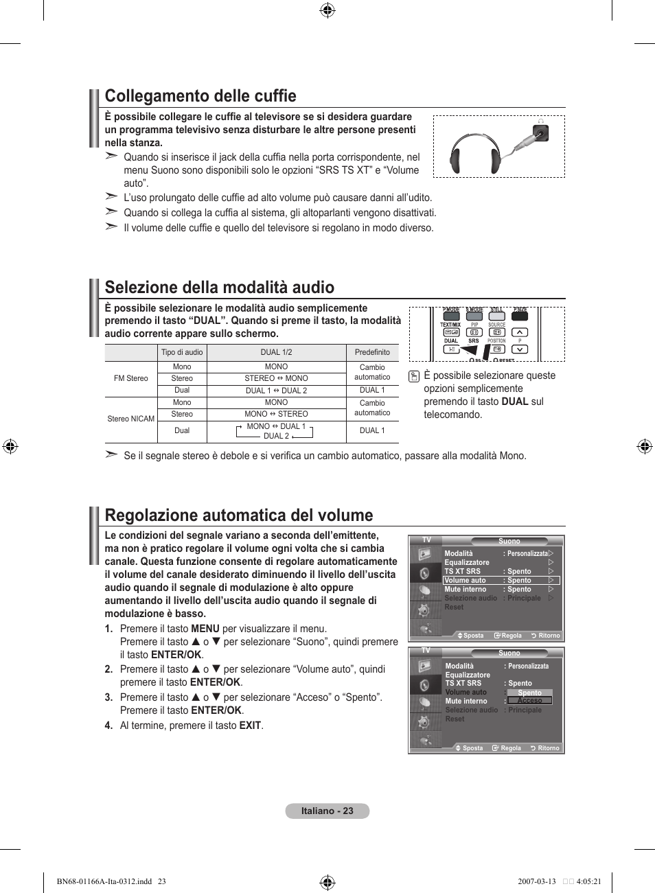 Collegamento delle cuffie, Selezione della modalità audio, Regolazione automatica del volume | Samsung LE32R8 User Manual | Page 209 / 559