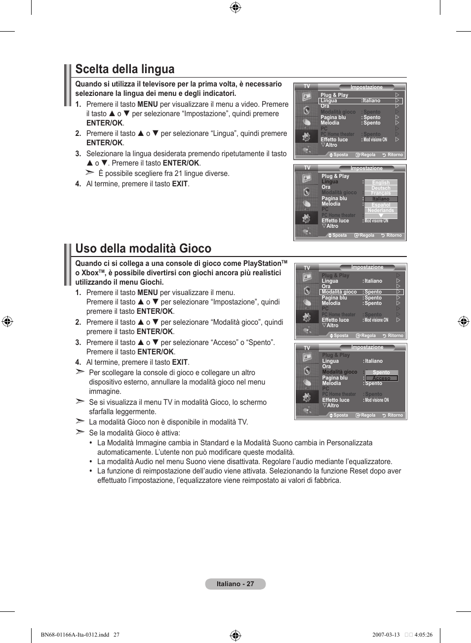 Scelta della lingua, Uso della modalità gioco | Samsung LE32R8 User Manual | Page 213 / 559