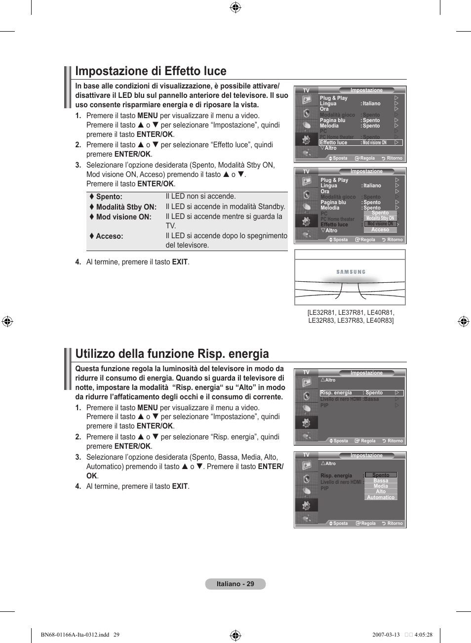 Impostazione di effetto luce, Utilizzo della funzione risp. energia | Samsung LE32R8 User Manual | Page 215 / 559