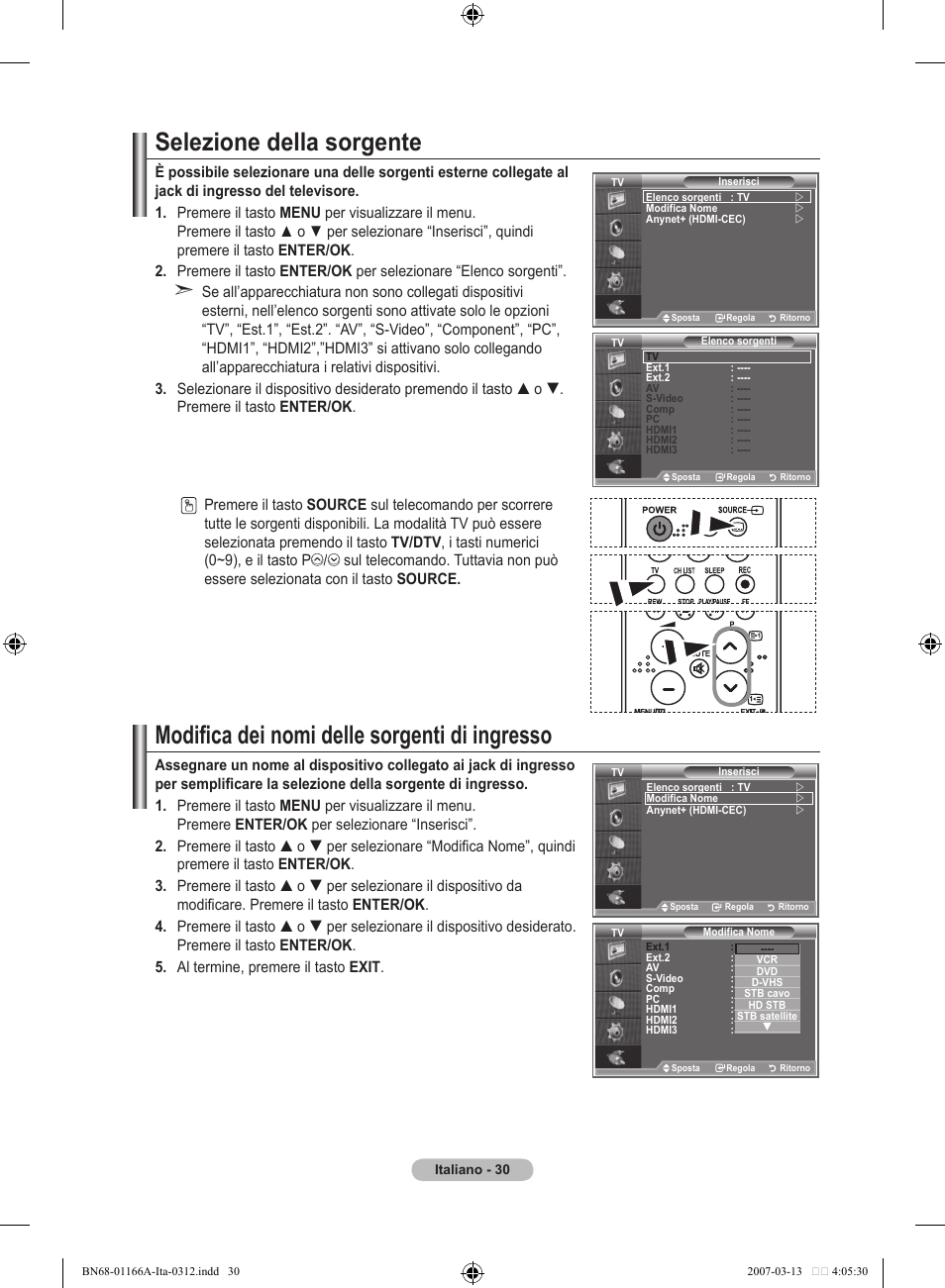 Selezione della sorgente, Modifica dei nomi delle sorgenti di ingresso | Samsung LE32R8 User Manual | Page 216 / 559