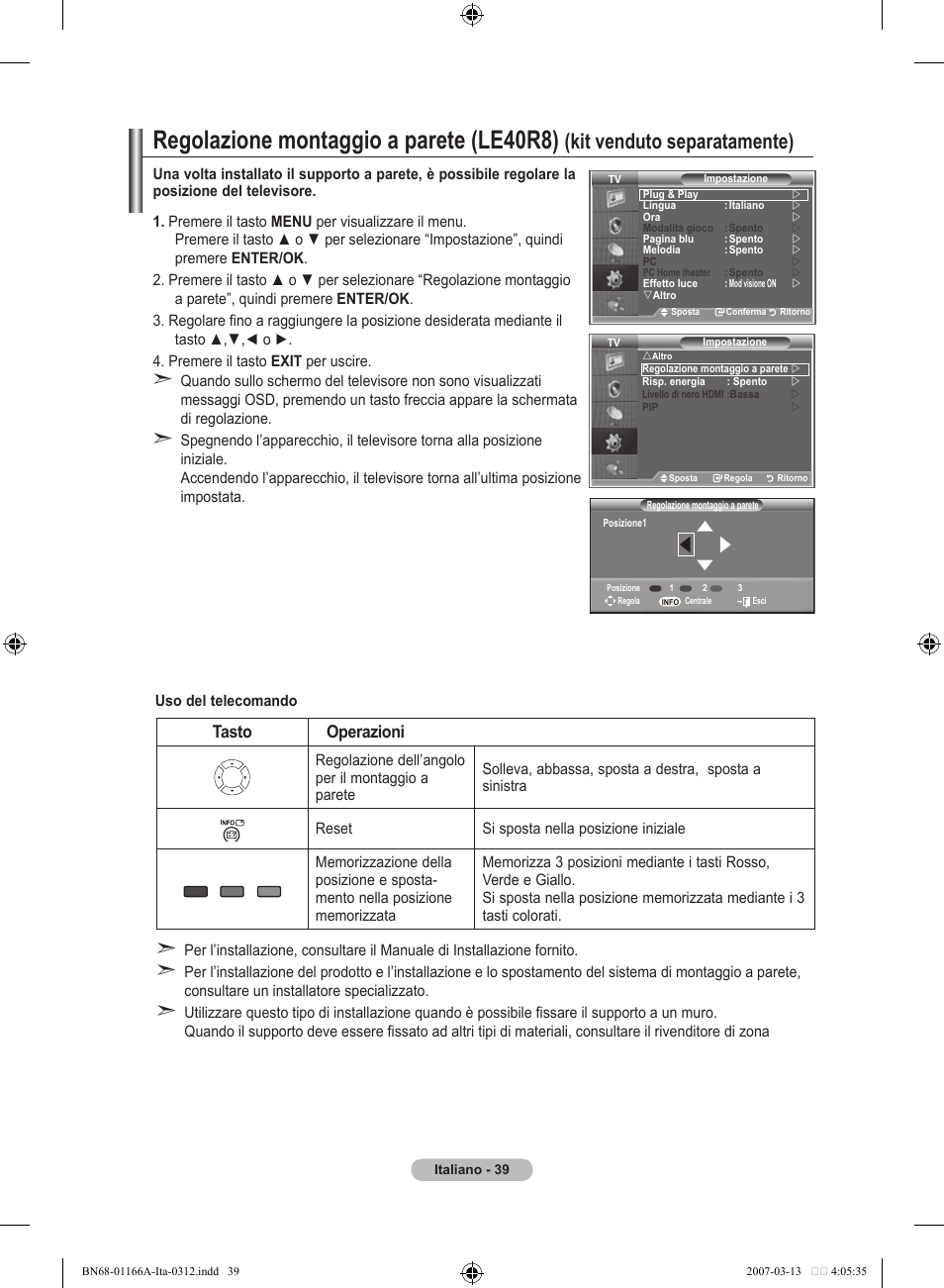 Regolazione montaggio a parete (le0r), Kit venduto separatamente), Tasto operazioni | Samsung LE32R8 User Manual | Page 225 / 559