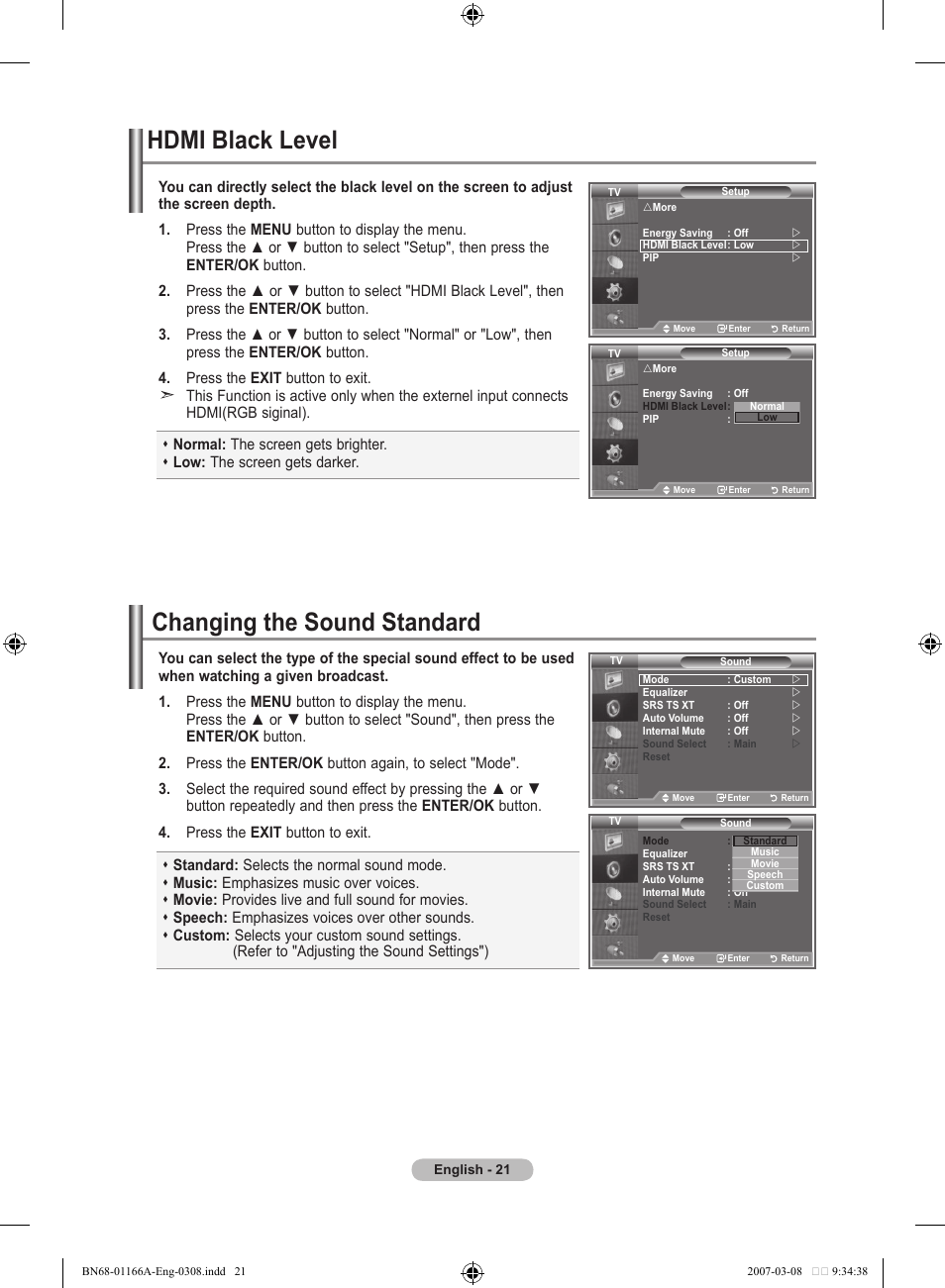 Hdmi black level, Setting the sound, Changing the sound standard | Samsung LE32R8 User Manual | Page 23 / 559