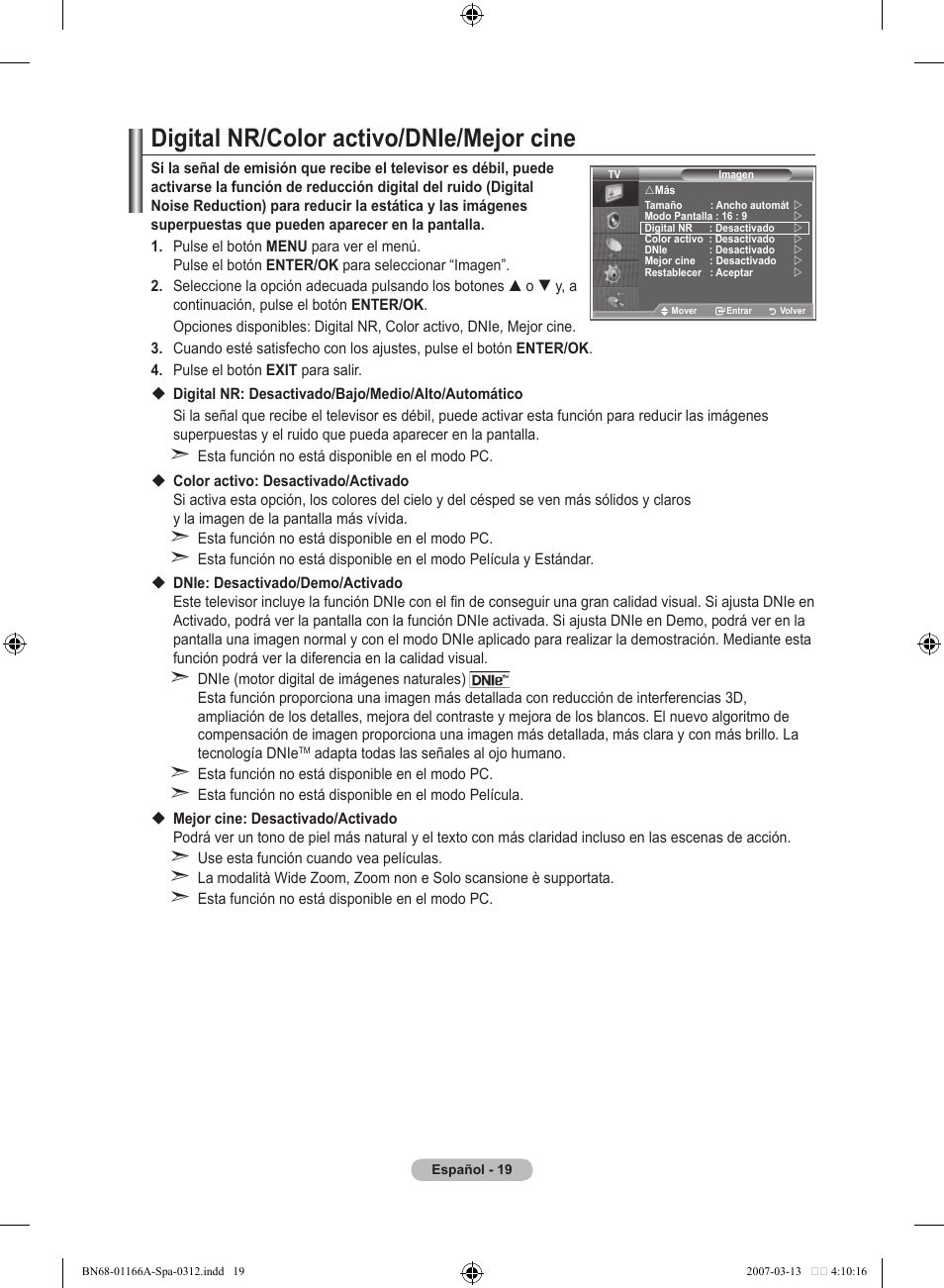 Digital nr/color activo/dnie/mejor cine | Samsung LE32R8 User Manual | Page 253 / 559