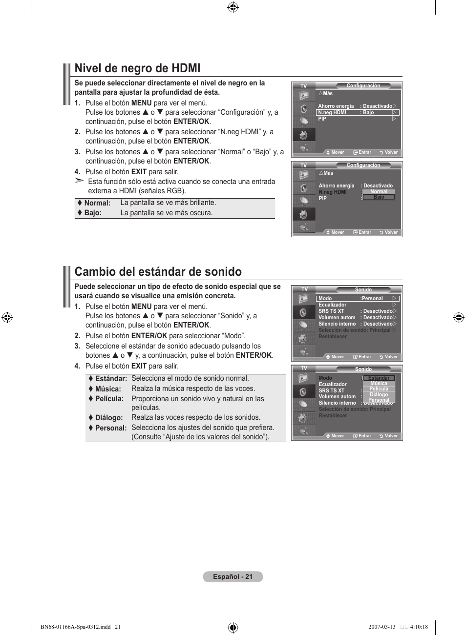 Nivel de negro de hdmi, Cambio del estándar de sonido | Samsung LE32R8 User Manual | Page 255 / 559