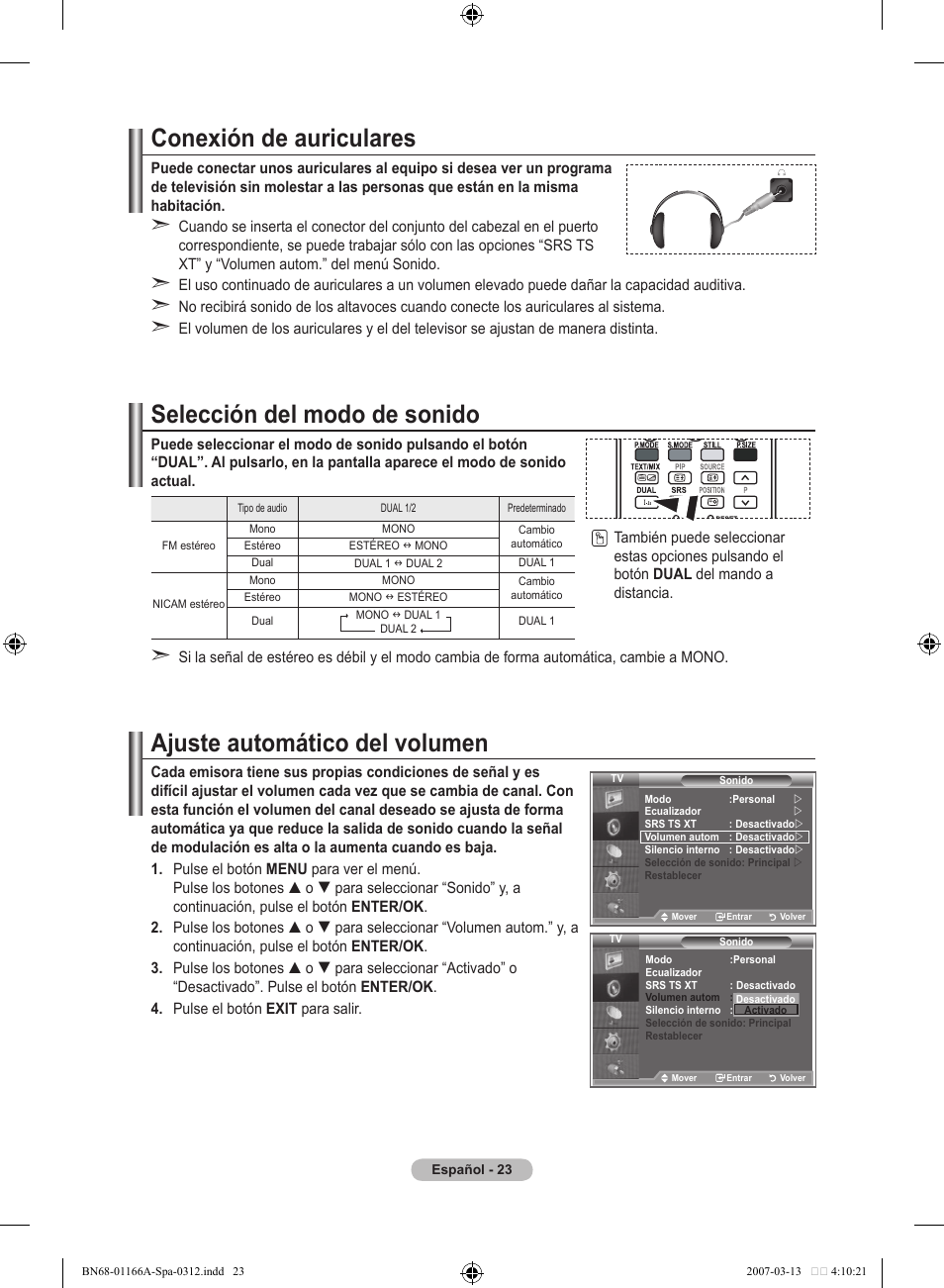 Conexión de auriculares, Selección del modo de sonido, Ajuste automático del volumen | Samsung LE32R8 User Manual | Page 257 / 559