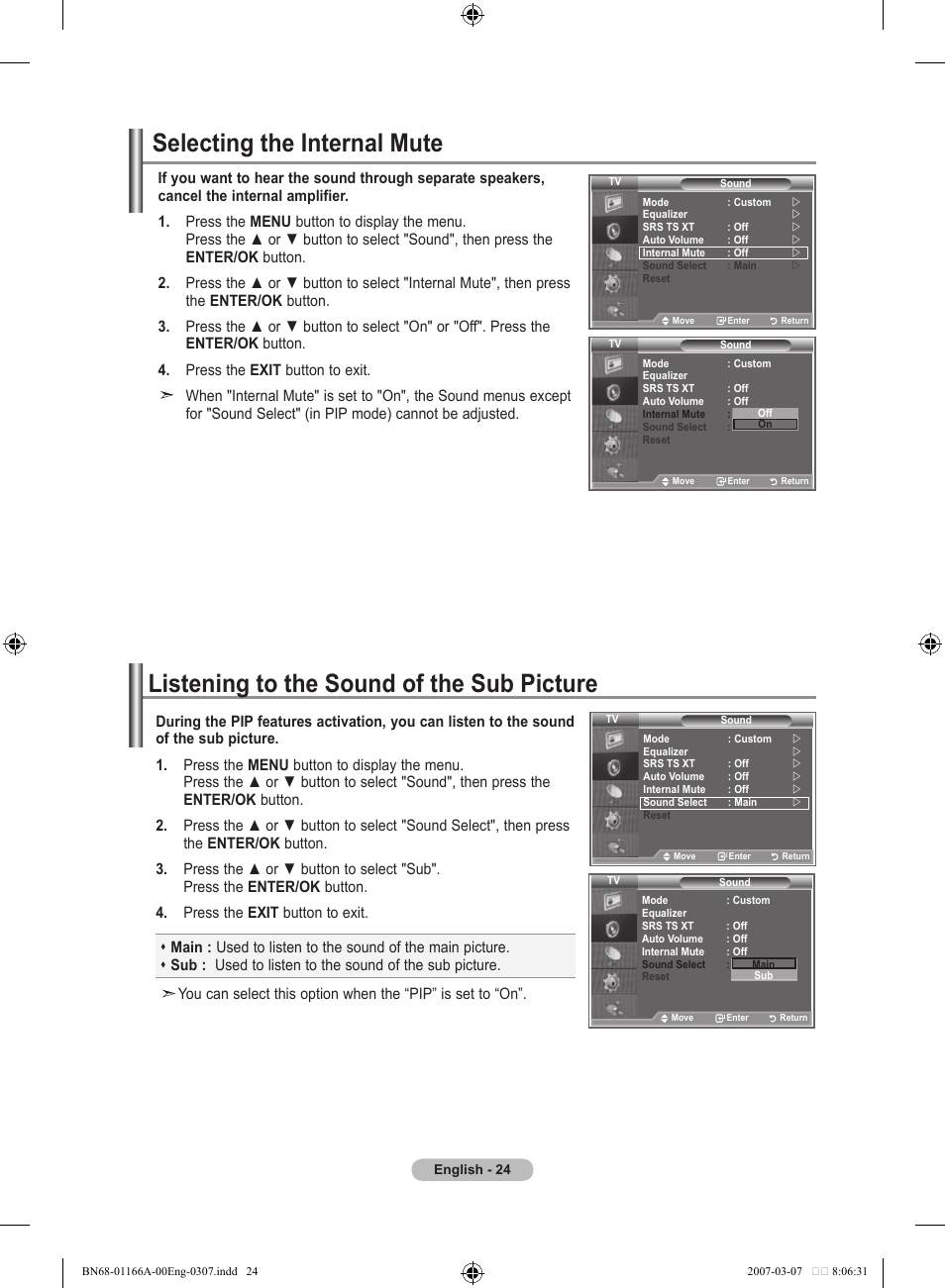 Selecting the internal mute, Listening to the sound of the sub picture | Samsung LE32R8 User Manual | Page 26 / 559