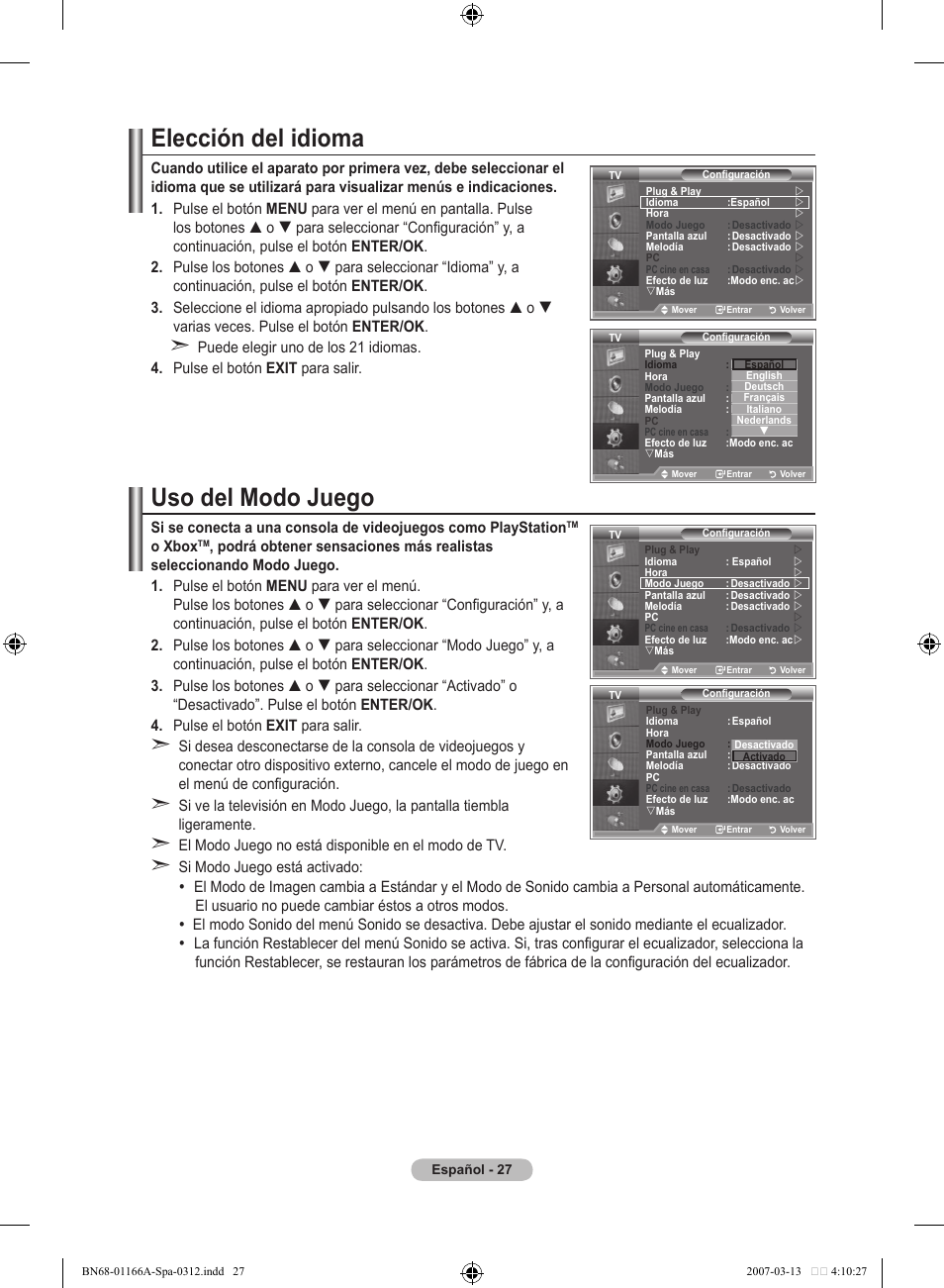 Elección del idioma, Uso del modo juego | Samsung LE32R8 User Manual | Page 261 / 559