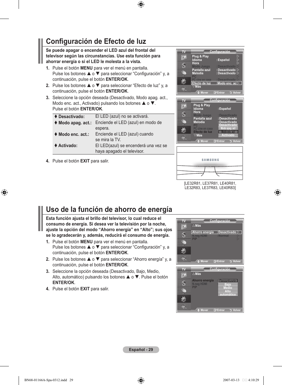 Configuración de efecto de luz, Uso de la función de ahorro de energía | Samsung LE32R8 User Manual | Page 263 / 559