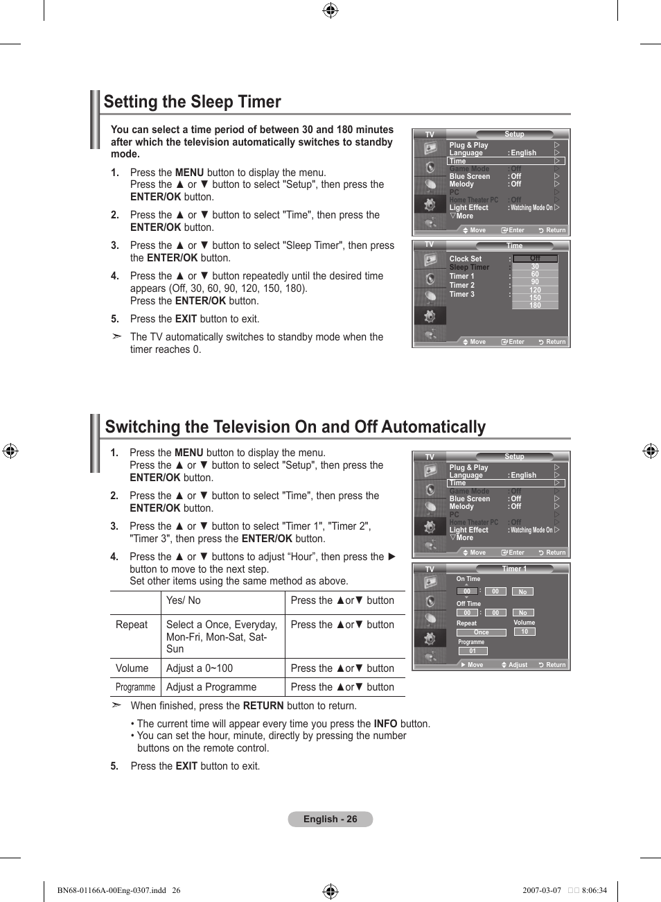Setting the sleep timer, Switching the television on and off automatically | Samsung LE32R8 User Manual | Page 28 / 559