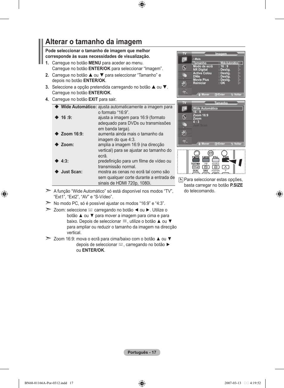 Alterar o tamanho da imagem | Samsung LE32R8 User Manual | Page 297 / 559