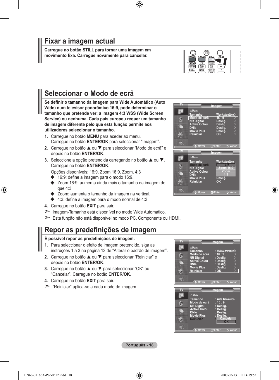 Fixar a imagem actual, Seleccionar o modo de ecrã, Repor as predefinições de imagem | Samsung LE32R8 User Manual | Page 298 / 559