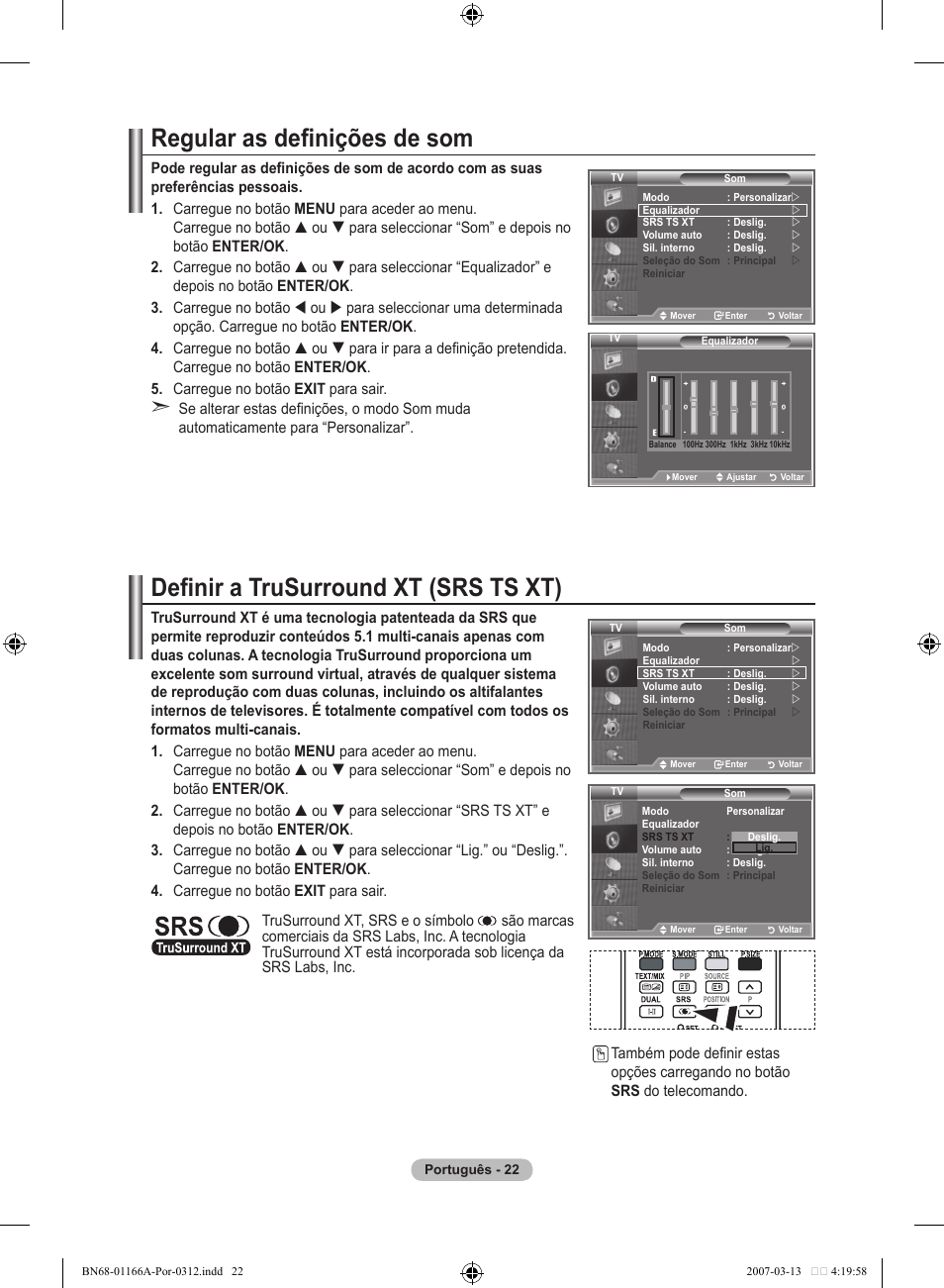 Regular as definições de som, Definir a trusurround xt (srs ts xt) | Samsung LE32R8 User Manual | Page 302 / 559