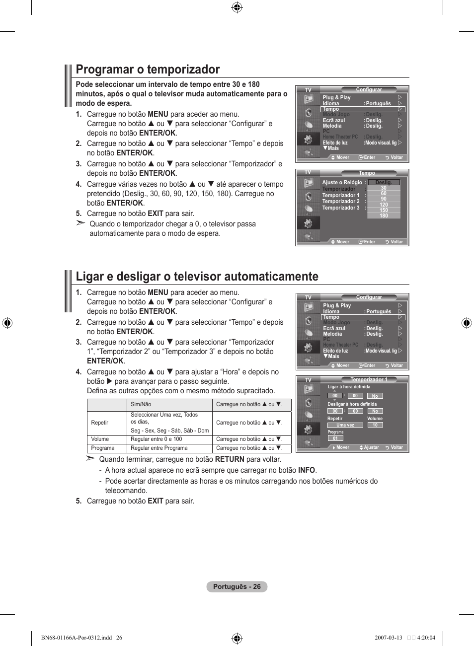 Programar o temporizador, Ligar e desligar o televisor automaticamente | Samsung LE32R8 User Manual | Page 306 / 559