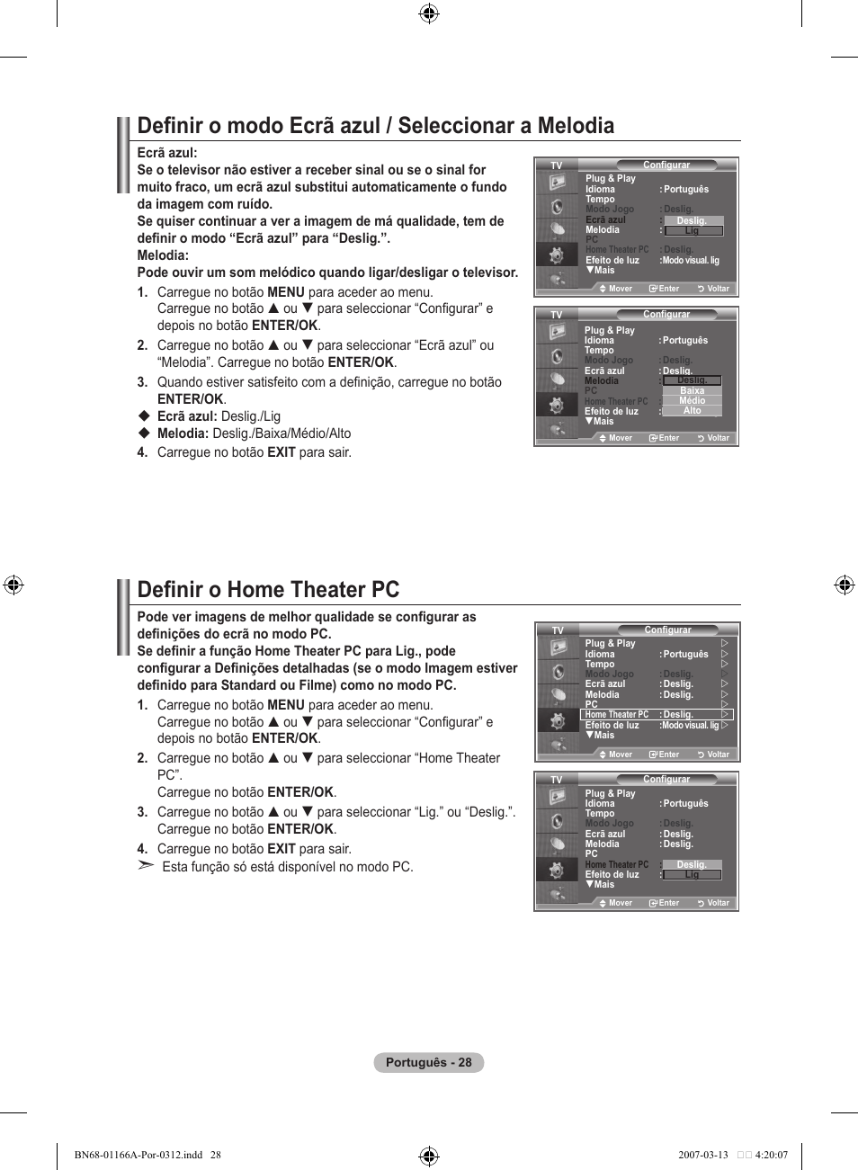 Definir o modo ecrã azul / seleccionar a melodia, Definir o home theater pc | Samsung LE32R8 User Manual | Page 308 / 559