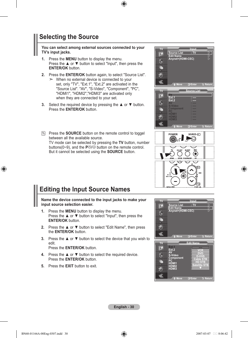 Selecting the source, Editing the input source names | Samsung LE32R8 User Manual | Page 32 / 559